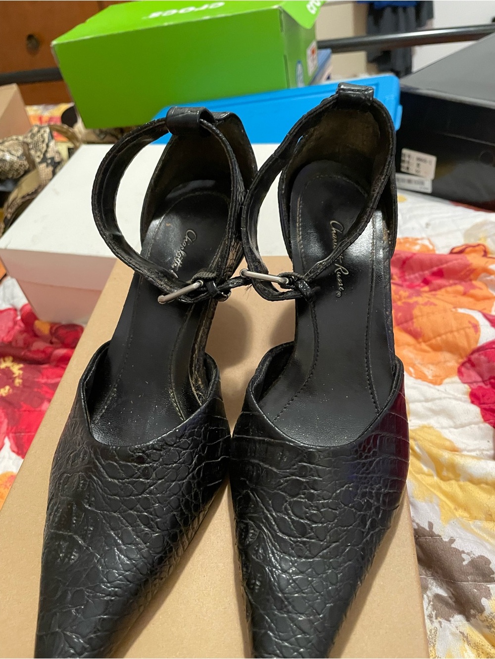 Charlotte Russe Black Textured Pointed Toe Ankle Strap Heels